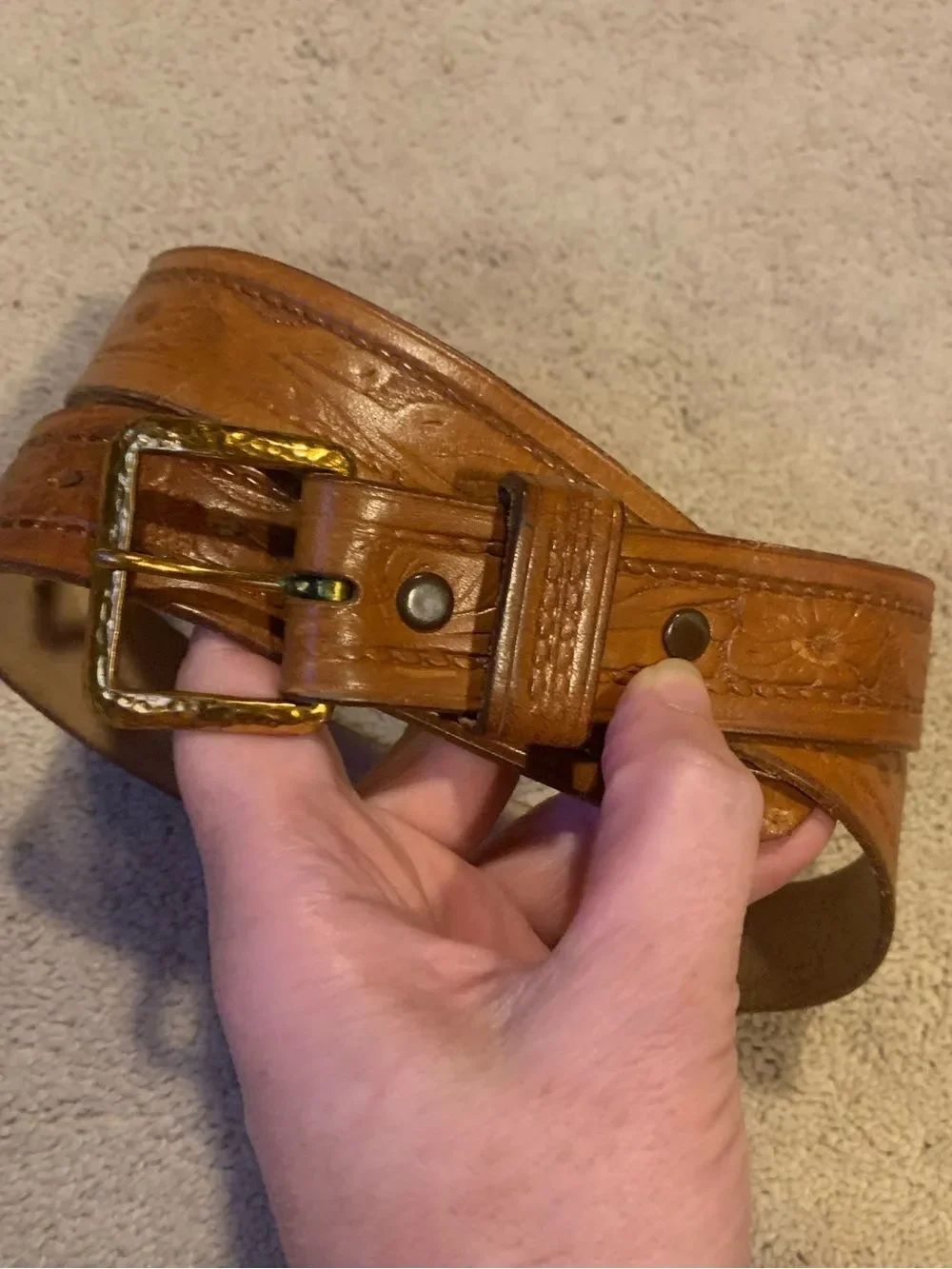 Vintage Unisex Vogel Leather Tooled Embossed Belt with Brass Buckle